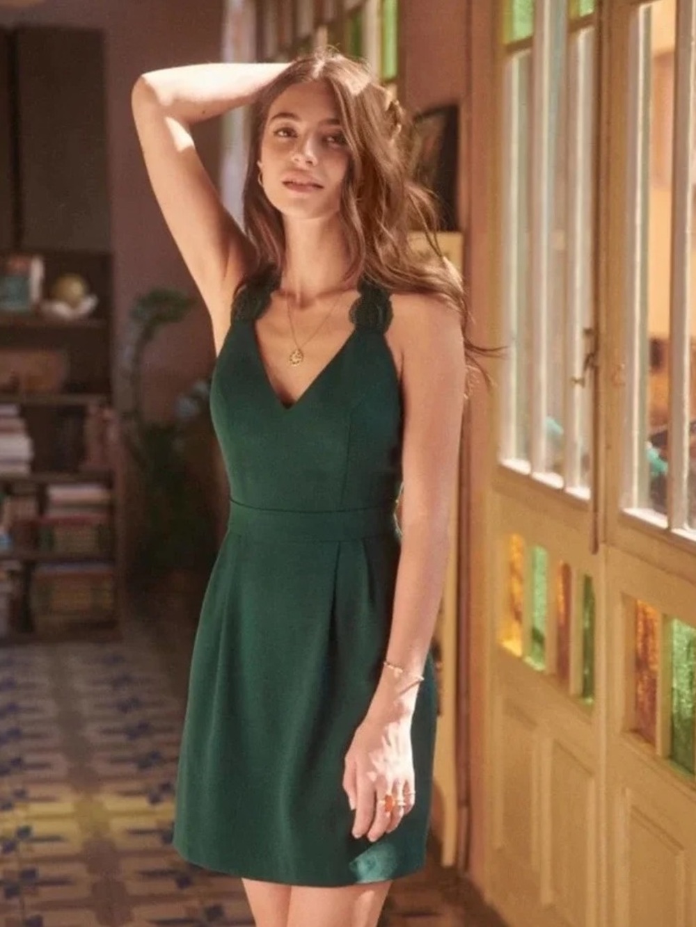 Sezane • Ombeline Dress emerald green mini criss cross lace strap open back